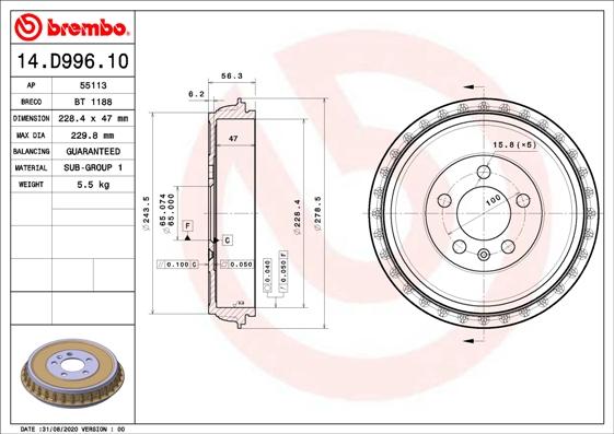 Brembo 14.D996.10 - Гальмівний барабан autocars.com.ua