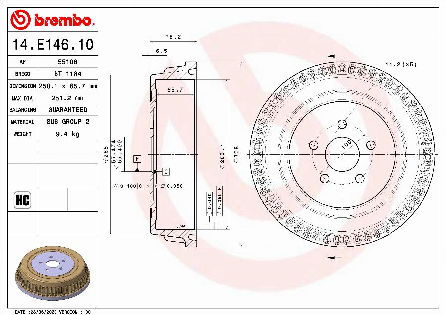 Brembo 14.E146.10 - Гальмівний барабан autocars.com.ua