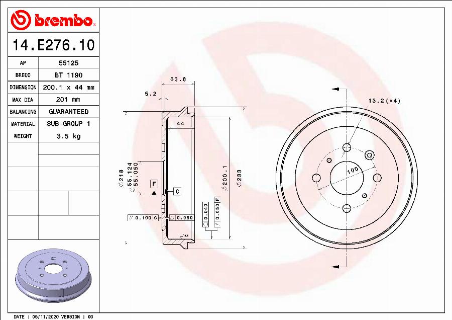 Brembo 14.E276.10 - Гальмівний барабан autocars.com.ua