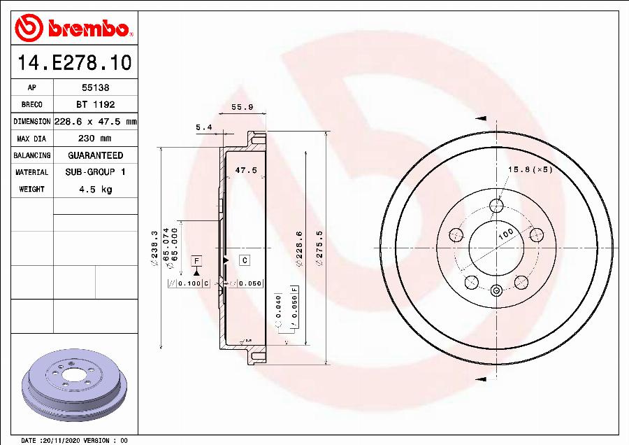 Brembo 14.E278.10 - Гальмівний барабан autocars.com.ua