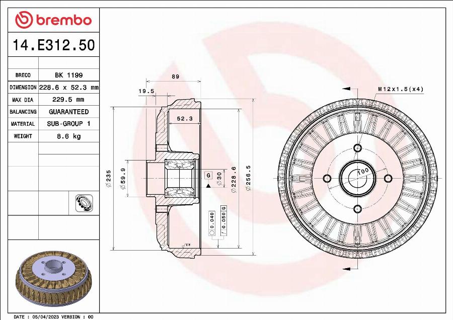 Brembo 14.E312.50 - Тормозной барабан avtokuzovplus.com.ua