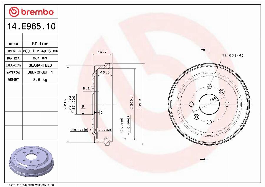 Brembo 14.E965.10 - Гальмівний барабан autocars.com.ua