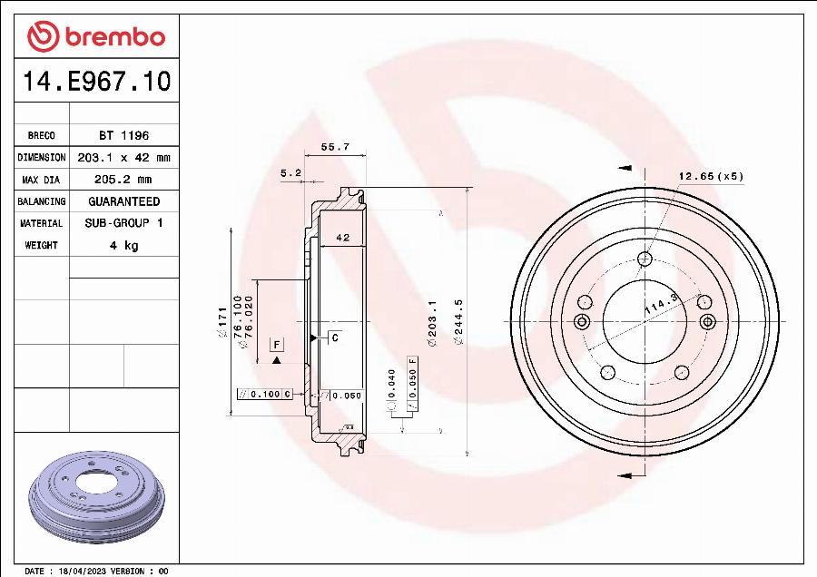 Brembo 14.E967.10 - Тормозной барабан avtokuzovplus.com.ua