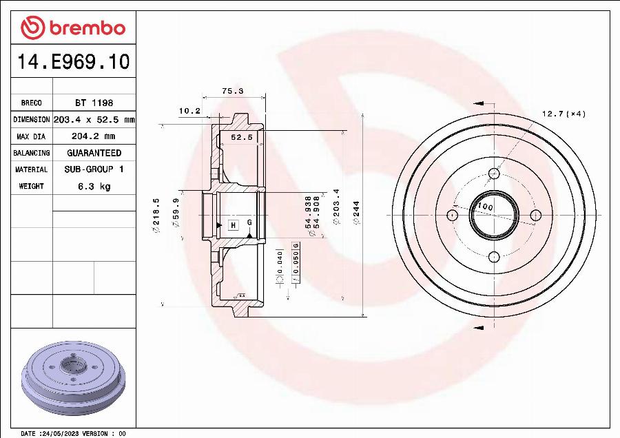 Brembo 14.E969.10 - Тормозной барабан avtokuzovplus.com.ua