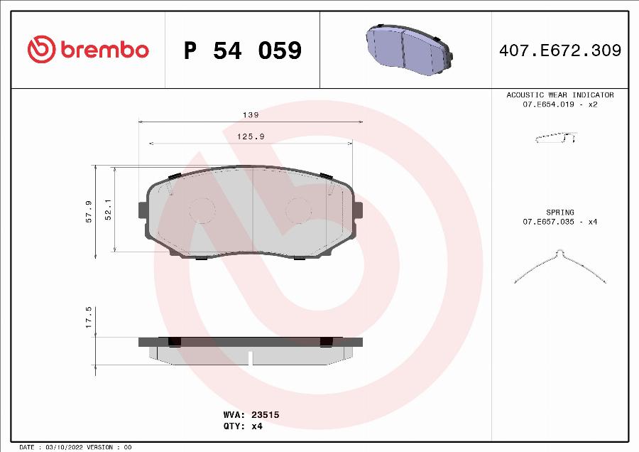 Brembo P 54 059 - Гальмівні колодки, дискові гальма autocars.com.ua