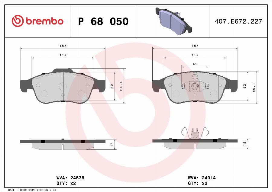 Brembo P 68 050 - Гальмівні колодки, дискові гальма autocars.com.ua