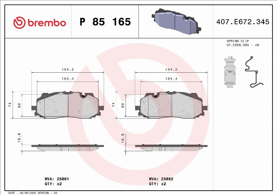 Brembo P 85 165 - Гальмівні колодки, дискові гальма autocars.com.ua