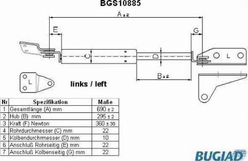 Bugiad BGS10885 - Газова пружина, кришка багажник autocars.com.ua