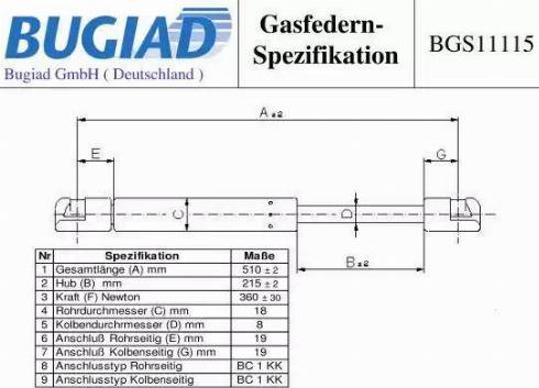 Bugiad BGS11115 - Газова пружина, кришка багажник autocars.com.ua