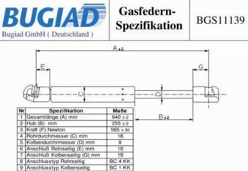 Bugiad BGS11139 - Газова пружина, кришка багажник autocars.com.ua