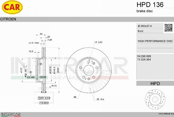 CAR HPD 136 - Гальмівний диск autocars.com.ua