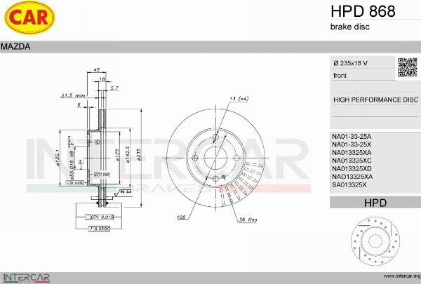 CAR HPD 868 - Гальмівний диск autocars.com.ua