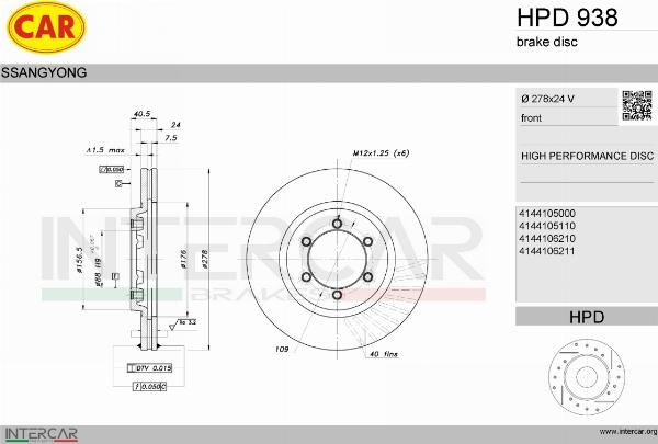 CAR HPD 938 - Гальмівний диск autocars.com.ua