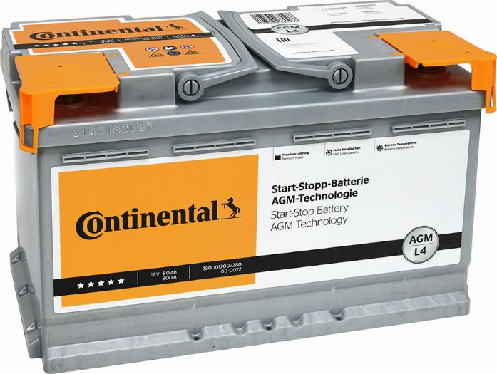 Continental 28-0001-2007-2-80 - Стартерна акумуляторна батарея, АКБ autocars.com.ua