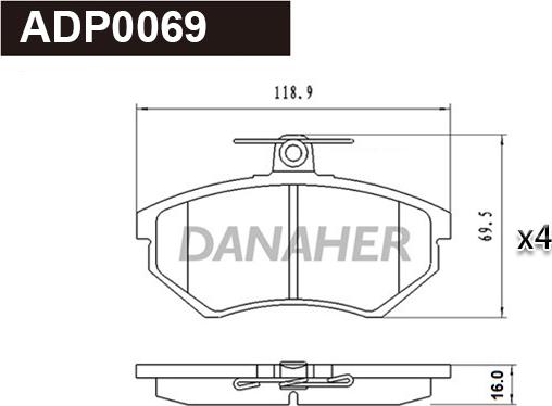 Danaher ADP0069 - Гальмівні колодки, дискові гальма autocars.com.ua