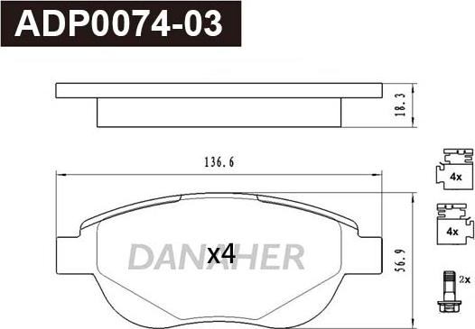 Danaher ADP0074-03 - Гальмівні колодки, дискові гальма autocars.com.ua