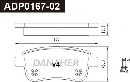 Danaher ADP0167-02 - Гальмівні колодки, дискові гальма autocars.com.ua