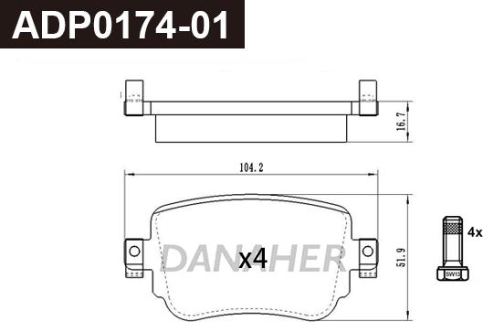 Danaher ADP0174-01 - Гальмівні колодки, дискові гальма autocars.com.ua