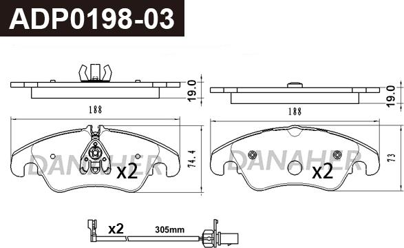 Danaher ADP0198-03 - Гальмівні колодки, дискові гальма autocars.com.ua