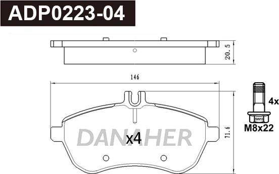 Danaher ADP0223-04 - Гальмівні колодки, дискові гальма autocars.com.ua