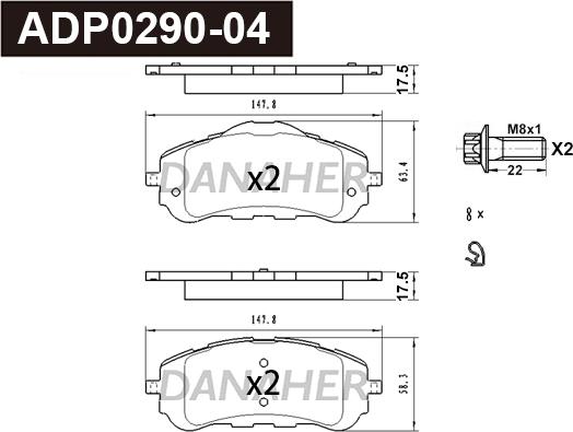 Danaher ADP0290-04 - Тормозные колодки, дисковые, комплект autodnr.net