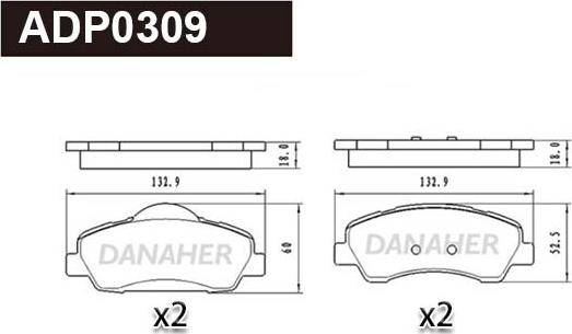 Danaher ADP0309 - Гальмівні колодки, дискові гальма autocars.com.ua