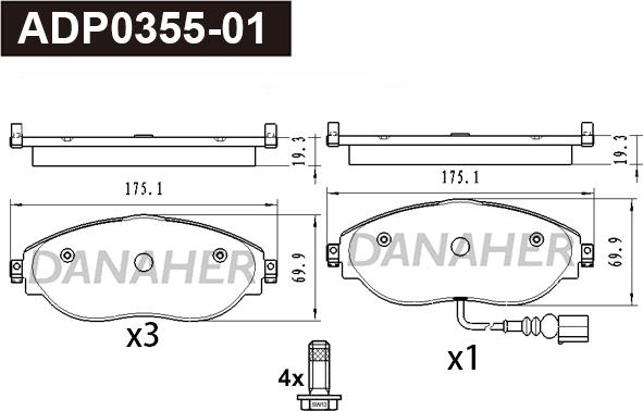 Danaher ADP0355-01 - Гальмівні колодки, дискові гальма autocars.com.ua