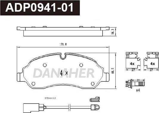 Danaher ADP0941-01 - Гальмівні колодки, дискові гальма autocars.com.ua