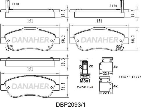 Danaher DBP2093/1 - Гальмівні колодки, дискові гальма autocars.com.ua