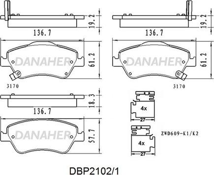 Danaher DBP2102/1 - Гальмівні колодки, дискові гальма autocars.com.ua