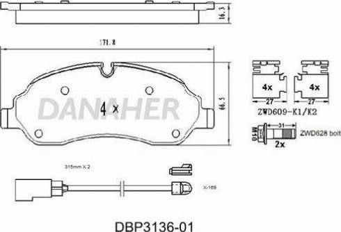 Danaher DBP3136-01 - Гальмівні колодки, дискові гальма autocars.com.ua