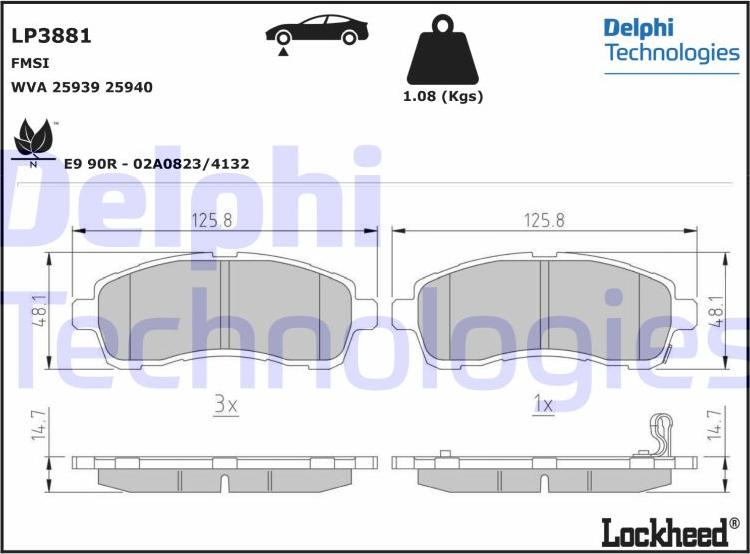 Delphi LP3881 - Тормозные колодки, дисковые, комплект autodnr.net