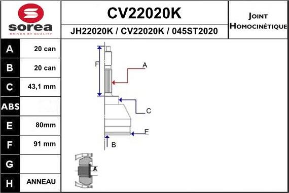 EAI CV22020K - Шарнирный комплект, ШРУС, приводной вал avtokuzovplus.com.ua