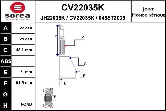 EAI CV22035K - Шарнирный комплект, ШРУС, приводной вал avtokuzovplus.com.ua