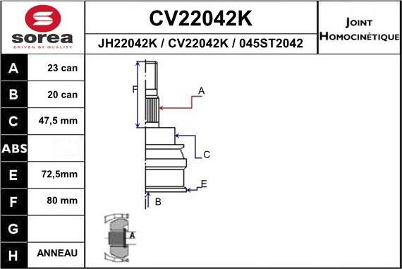 EAI CV22042K - Шарнірний комплект, ШРУС, приводний вал autocars.com.ua