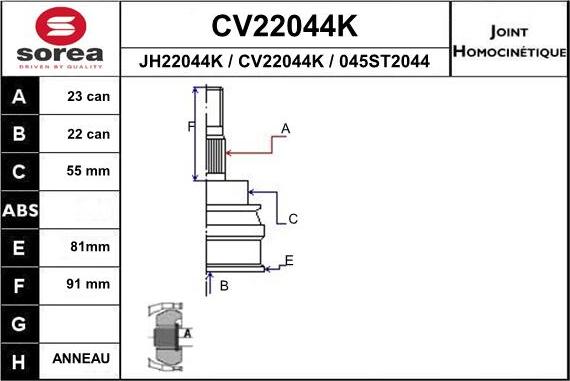 EAI CV22044K - Шарнірний комплект, ШРУС, приводний вал autocars.com.ua