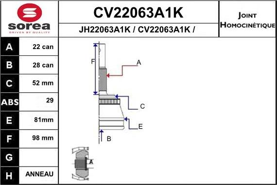 EAI CV22063A1K - Шарнірний комплект, ШРУС, приводний вал autocars.com.ua