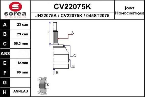 EAI CV22075K - Шарнірний комплект, ШРУС, приводний вал autocars.com.ua