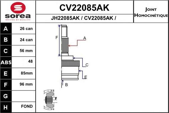 EAI CV22085AK - Шарнірний комплект, ШРУС, приводний вал autocars.com.ua