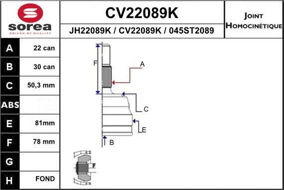 EAI CV22089K - Шарнирный комплект, ШРУС, приводной вал avtokuzovplus.com.ua