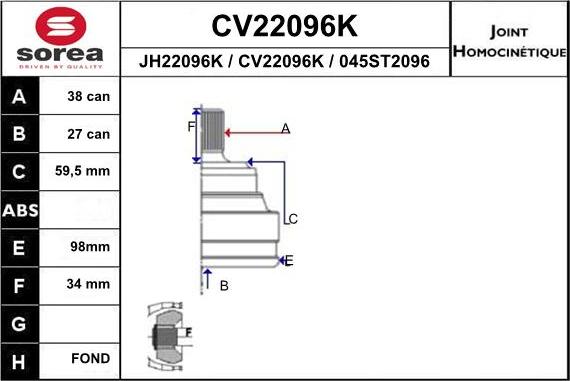 EAI CV22096K - Шарнирный комплект, ШРУС, приводной вал avtokuzovplus.com.ua