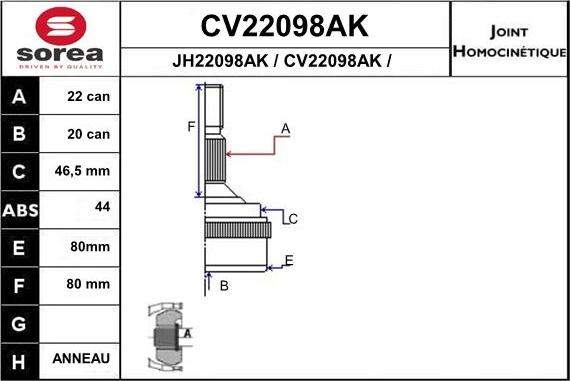 EAI CV22098AK - Шарнірний комплект, ШРУС, приводний вал autocars.com.ua
