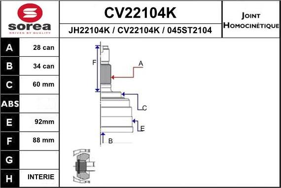 EAI CV22104K - Шарнірний комплект, ШРУС, приводний вал autocars.com.ua