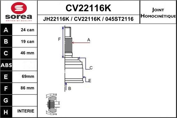 EAI CV22116K - Шарнірний комплект, ШРУС, приводний вал autocars.com.ua