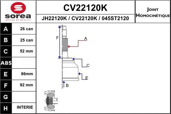 EAI CV22120K - Шарнірний комплект, ШРУС, приводний вал autocars.com.ua