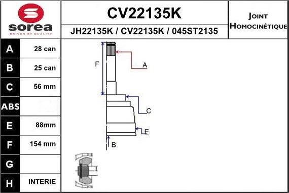 EAI CV22135K - Шарнірний комплект, ШРУС, приводний вал autocars.com.ua