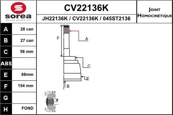 EAI CV22136K - Шарнірний комплект, ШРУС, приводний вал autocars.com.ua