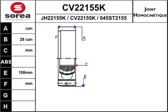 EAI CV22155K - Шарнірний комплект, ШРУС, приводний вал autocars.com.ua