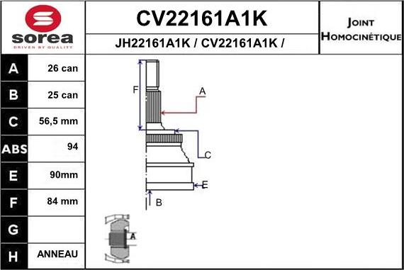 EAI CV22161A1K - Шарнірний комплект, ШРУС, приводний вал autocars.com.ua