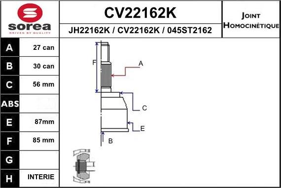 EAI CV22162K - Шарнірний комплект, ШРУС, приводний вал autocars.com.ua